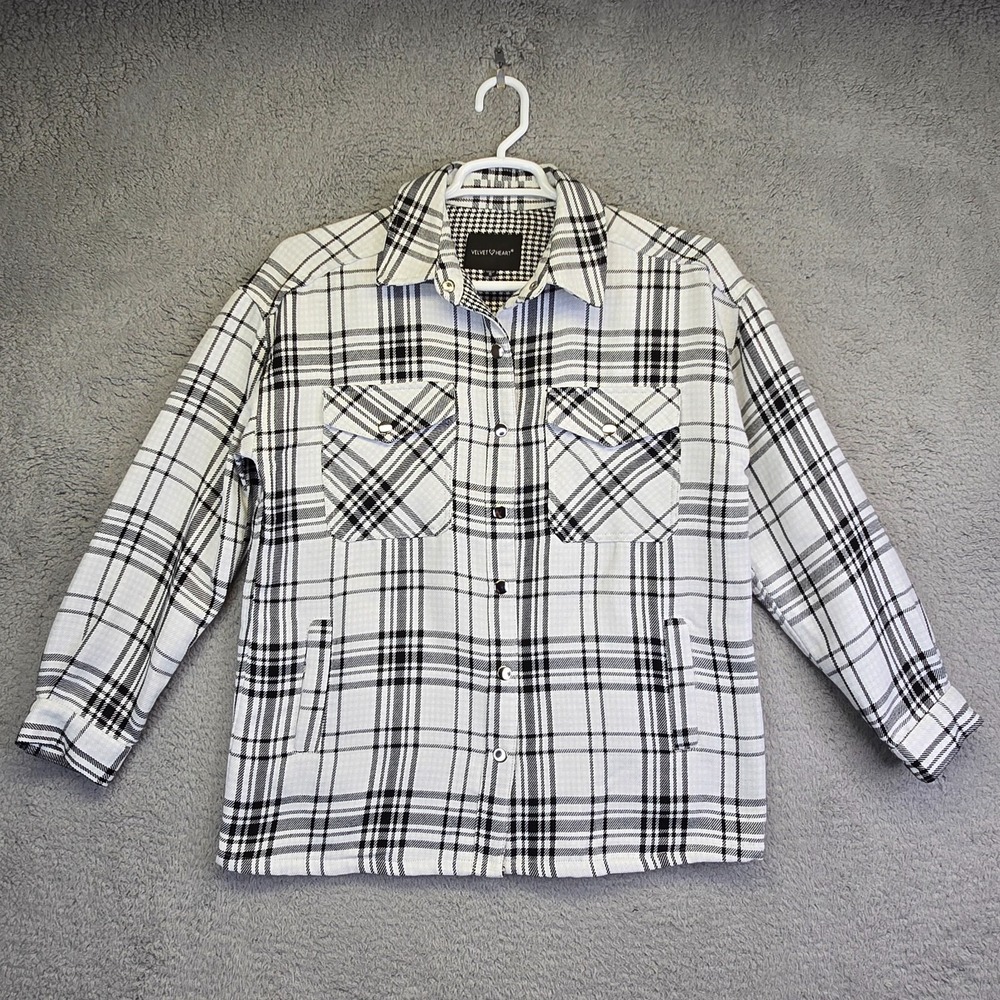 Velvet Heart Flannel Jacket Women's Small White Black Plaid Academia Heavy